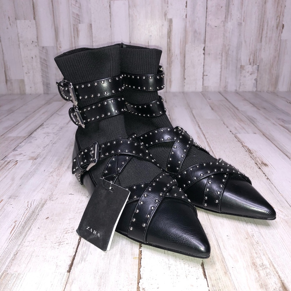 Zara Studded Buckled Flat Sock Ankle Boots